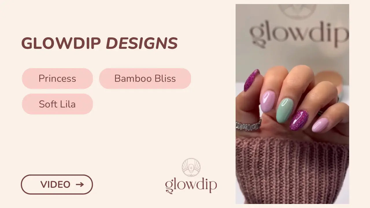 Een hand met lang, amandelvormig gelakte nagels in zachte roze, muntgroen en glitter paars met glowdip designs.