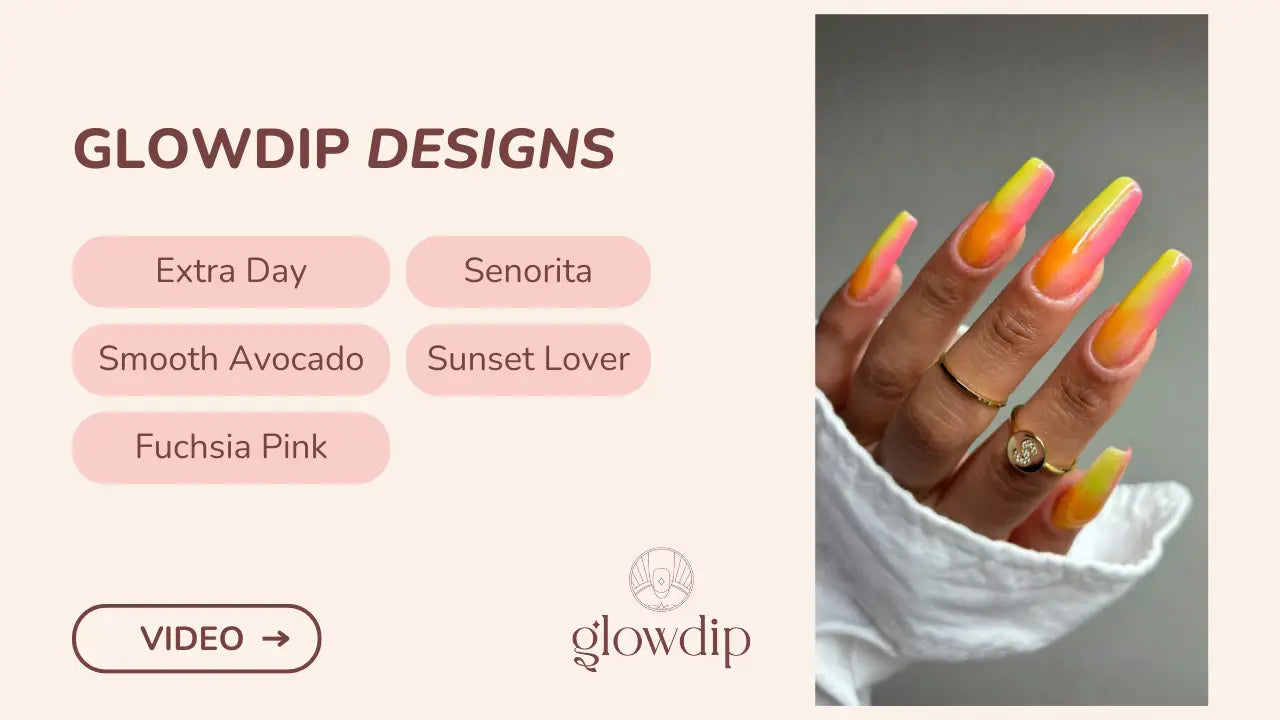 Lange coffin-vormige nagels met een levendige gele naar roze en oranje gradient en de sunset lover design van Glowdip