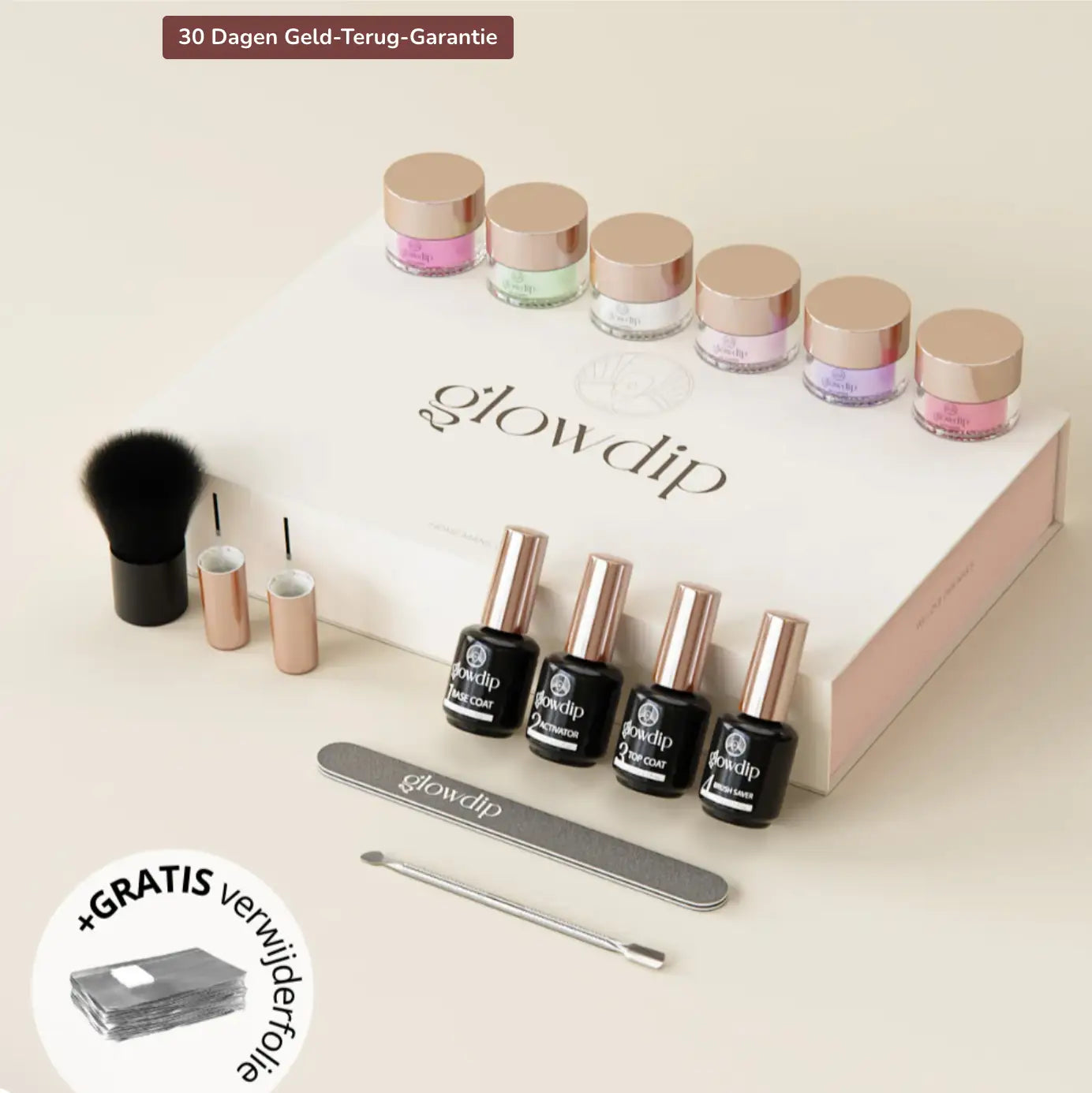 Een sleek wit glowdip nagelverzorgingskit met zes roze gouden poederpotjes en vier zwarte flesjes voor dipping powder gebruik