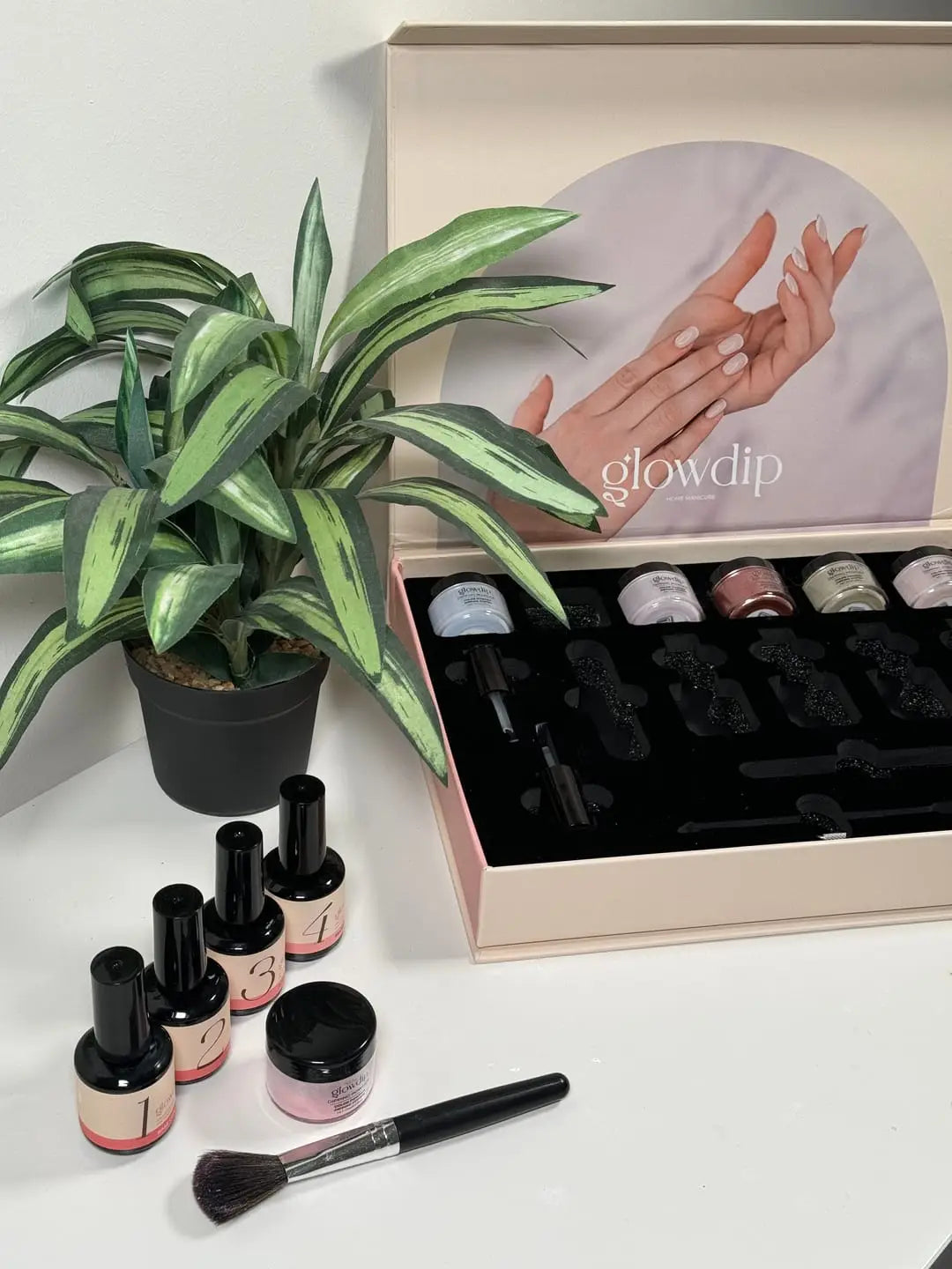 Een blush roze glowdip dip poeder nagellak kit met zwarte randen en diverse gekleurde flesjes en een plant voor nagelverzorging