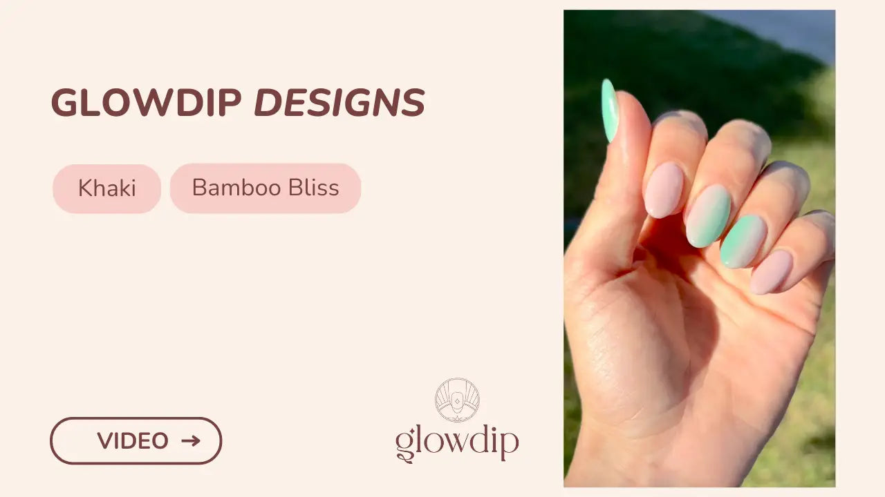 Een hand met lange amandelvormige nagels met een zachte roze naar mintgroene gradient van glowdip designs in khaki en bamboo kleurenpalet