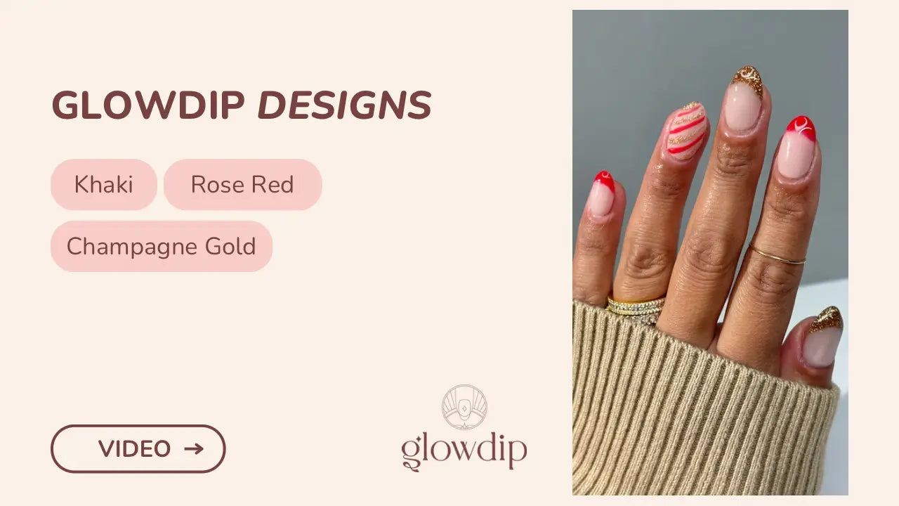 Een hand met elegant gemanicuurde nagels in khaki, rozerood en champagnemetaal dip ontwerp voor vakantiewerveling