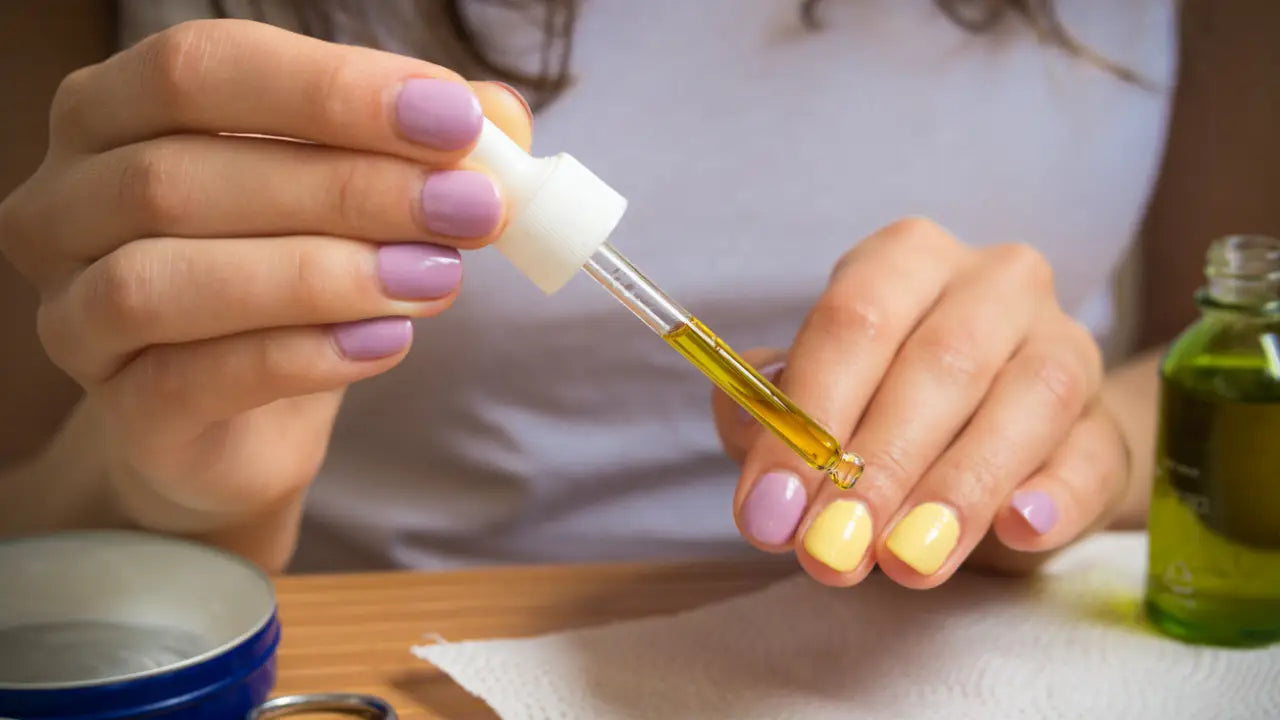 Een glazen pipet gevuld met goudgele olie gehouden tussen vingers met lavendel en gele nagellak voor nagelgezondheid