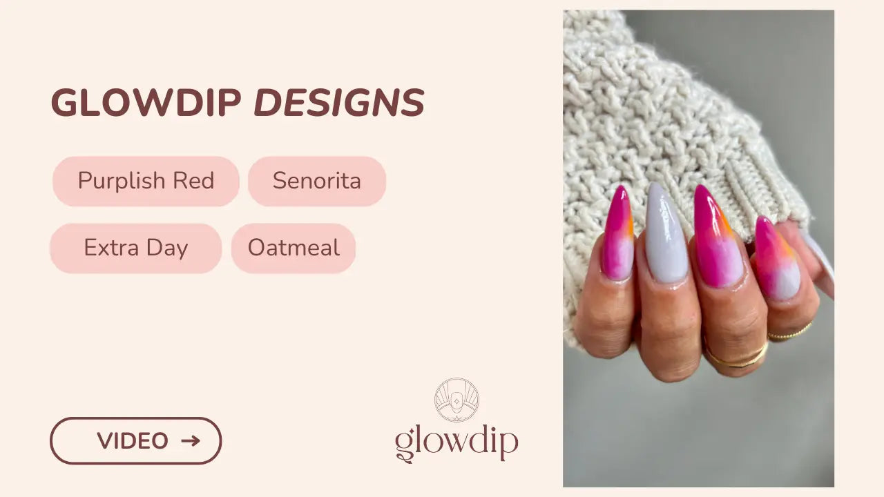 Een hand met lange amandelvormige nagels met een levendige verloopkleur van purperroze naar oranje uit het zonsondergang sorbet mengsel