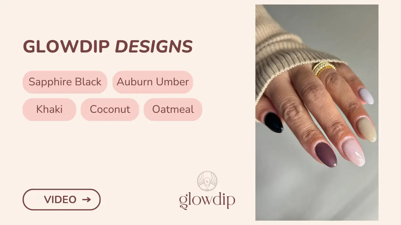 Een hand met lange amandelvormige nagels in een verloop van matte en glanzende afwerkingen in saffier zwart auburn umber khaki kokos en havermout
