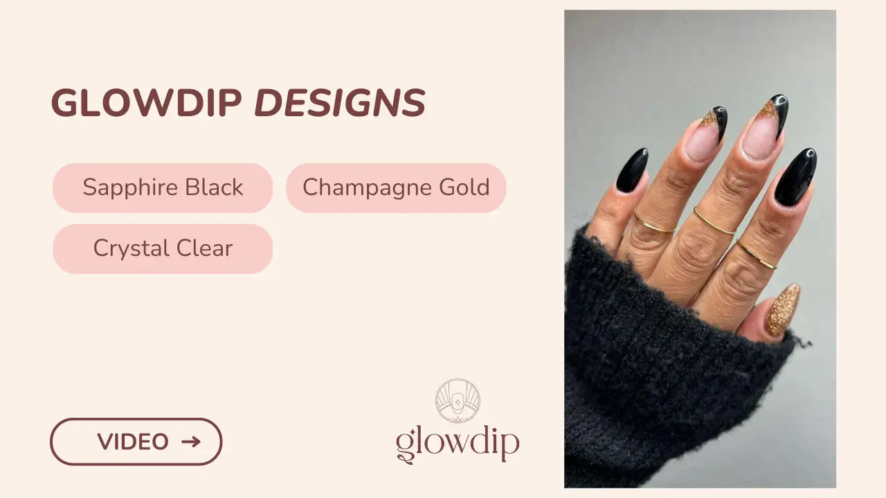 Lange amandelvormige nagels met glanzende afwerking in saffierzwart en champagne goud voor een luxe look