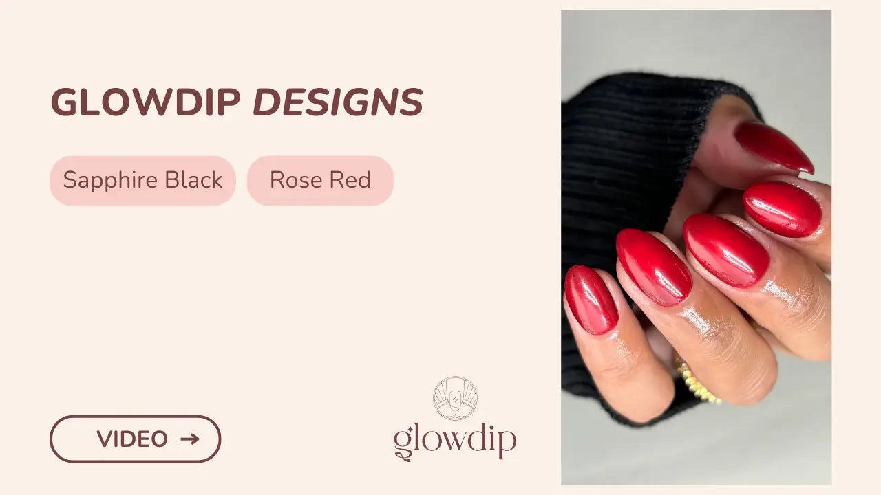 Vibrante rozerode glanzende nagellak van glowdip designs in een artikel over sapphire black en rose red vampierenkus