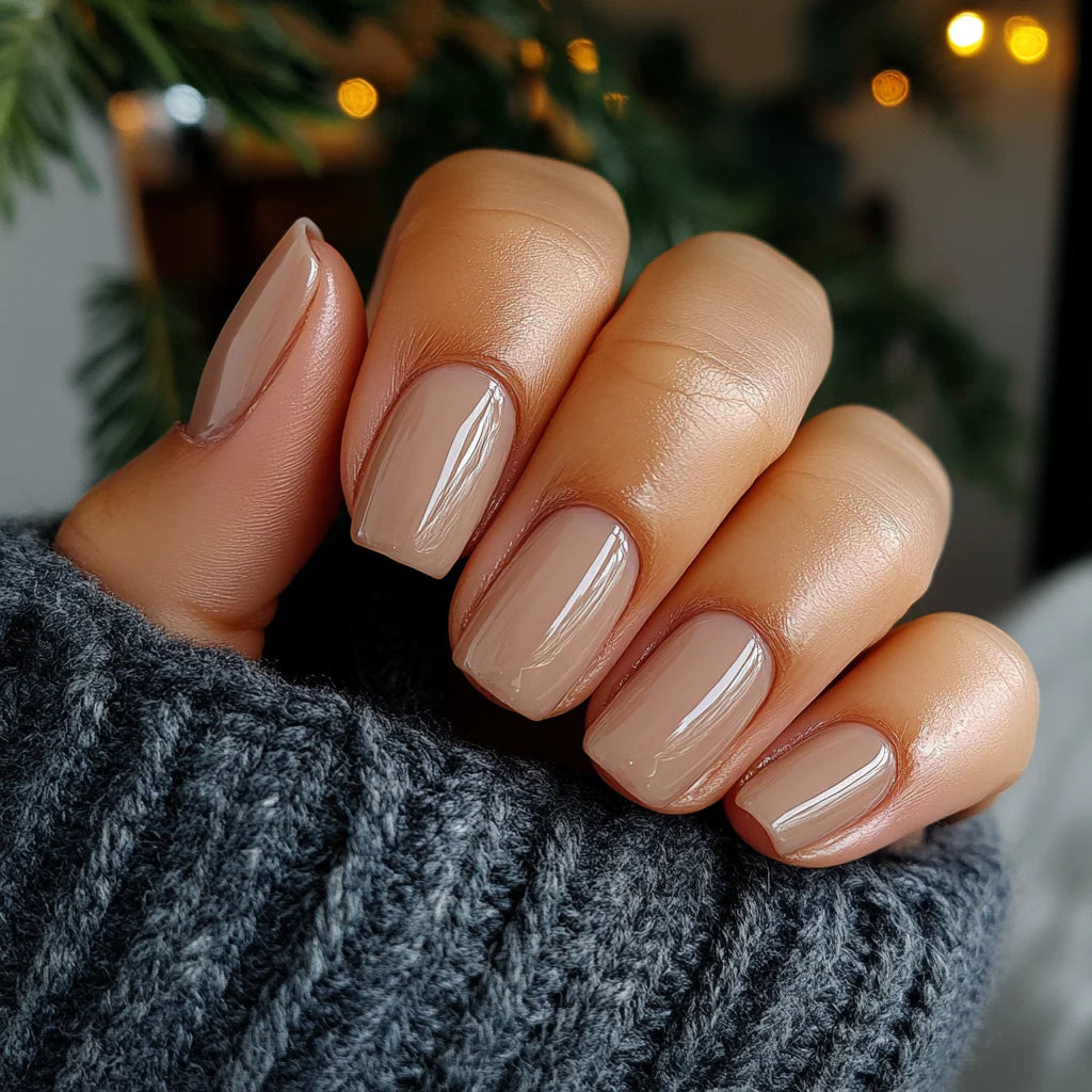 Nails met een glossy nude finish en vierkante vormen passend bij goede dipping powder eigenschappen