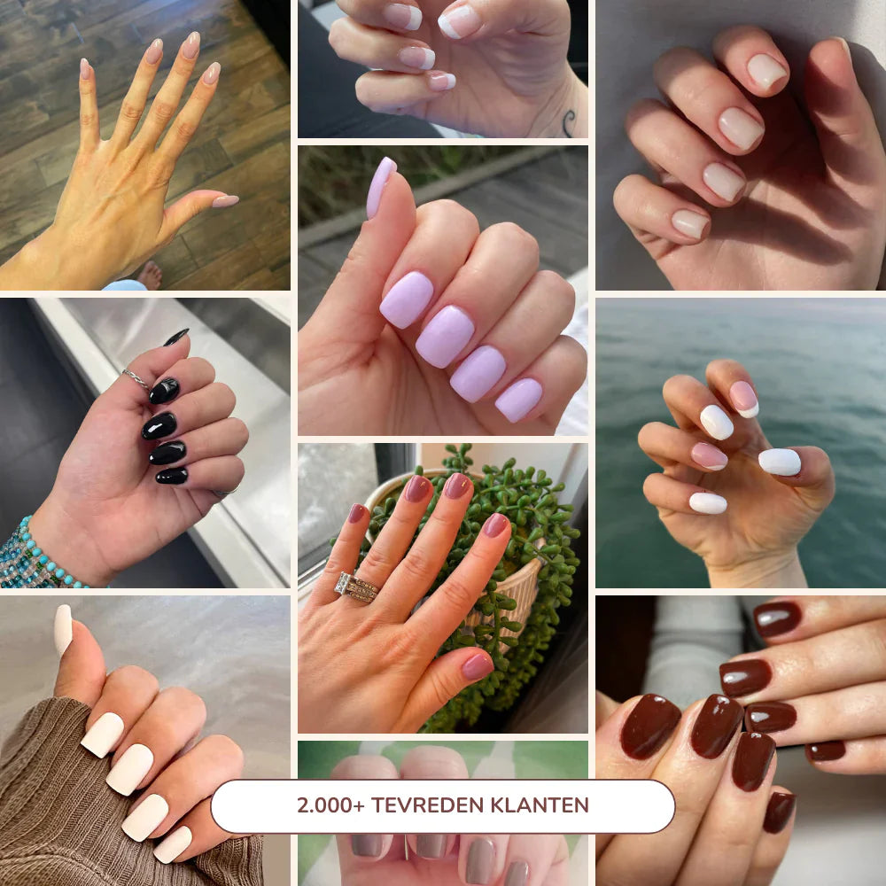 Collage van handen met verschillende dip poeder nagellakontwerpen in nude lavendel zwart bruin en wit voor de tweede laag