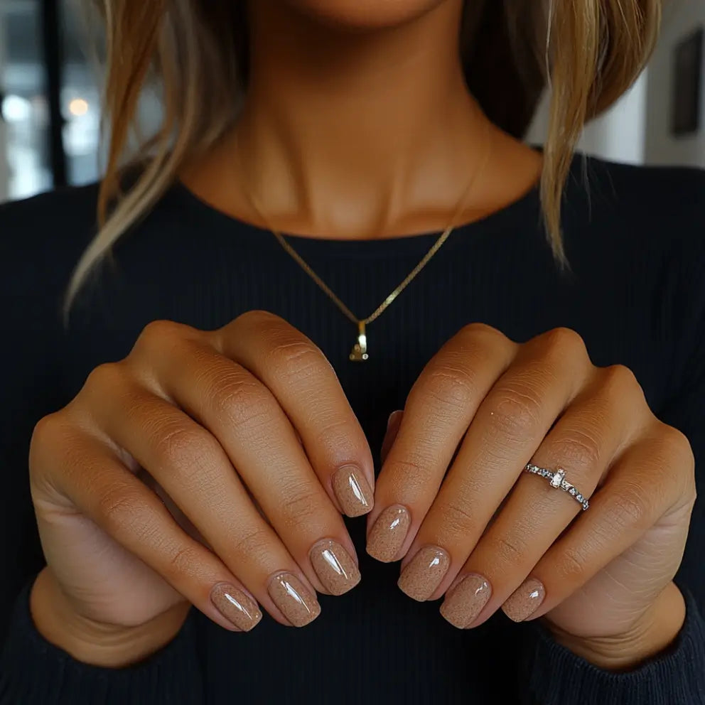 Glanzende nude roze dips poeder manicure voor nagels volgens de laatste trends