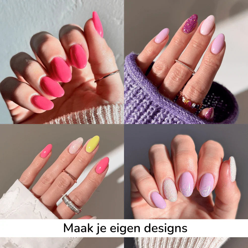 Vibrante roze, nude en glinsterende dipping powder nagelontwerpen met ringen in het najaar
