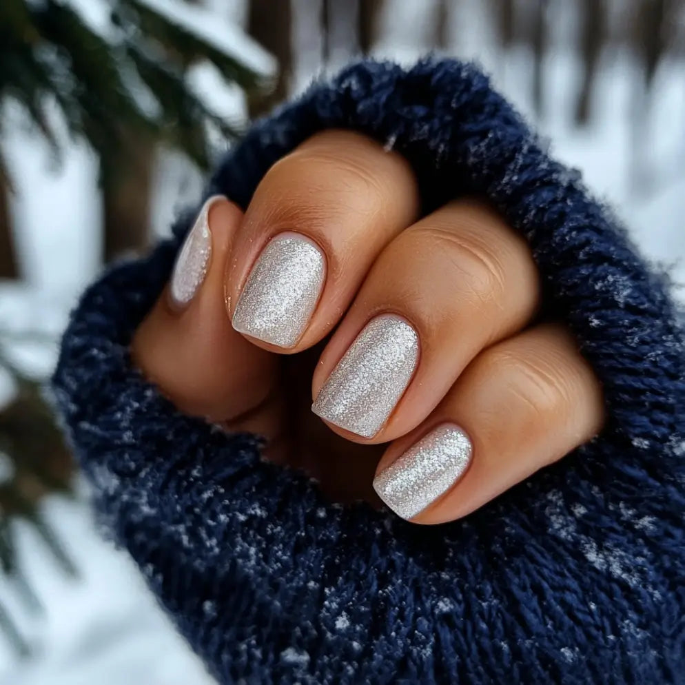 Hand met zilveren glitter dip poeder manicure en navy blauwe gebreide wanten voor winterstijl