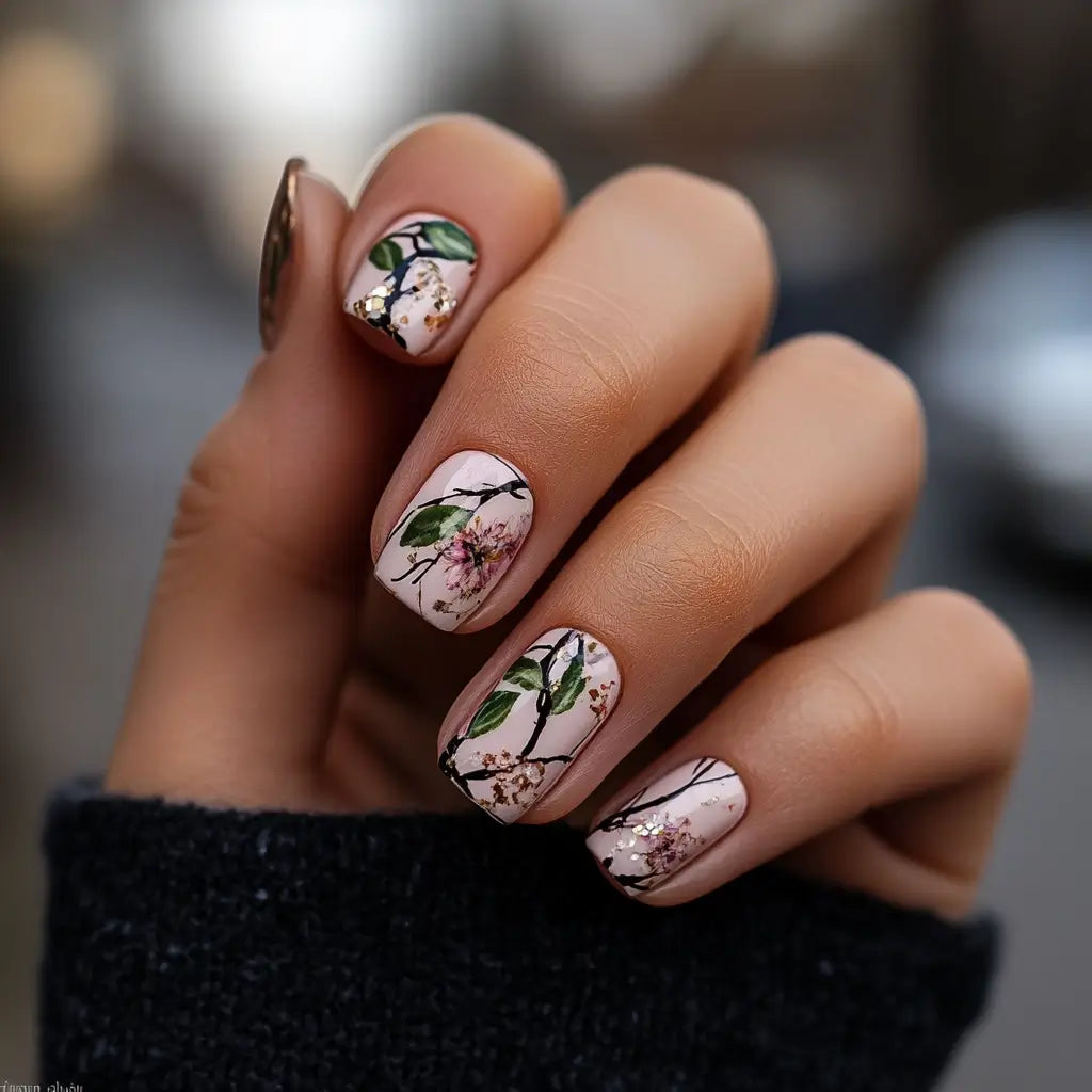 Hand met dipping powder nagels in zachte roze en groene bloemenpatronen populair in de lente