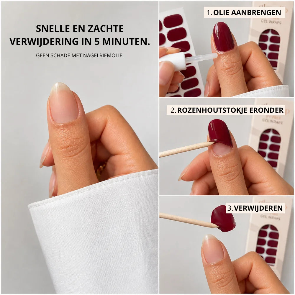Deep burgundy gel nail wraps from uv-free gel wrap bundle shown on natural nail in step-by-step removal process