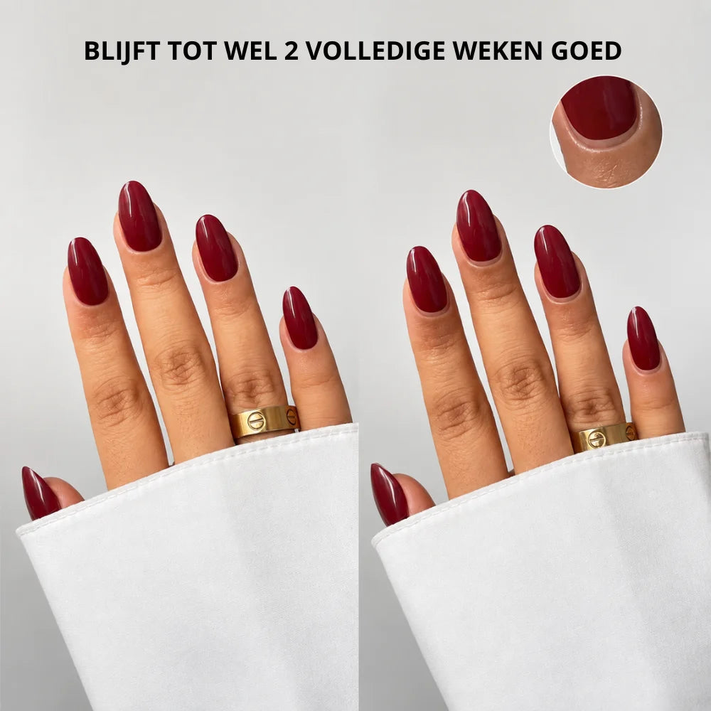 Uv-free gel wrap bundle met diep bordeauxglanzende nagellak op lange amandelvormige nagels