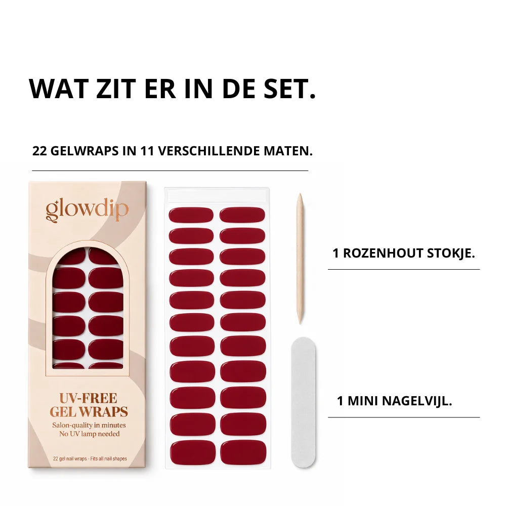 Dieprode gel wraps in een slanke beige doos zonder uv lamp nodig voor salonkwaliteit nagels uv-vrije gel wrap bundle 5+3 gratis