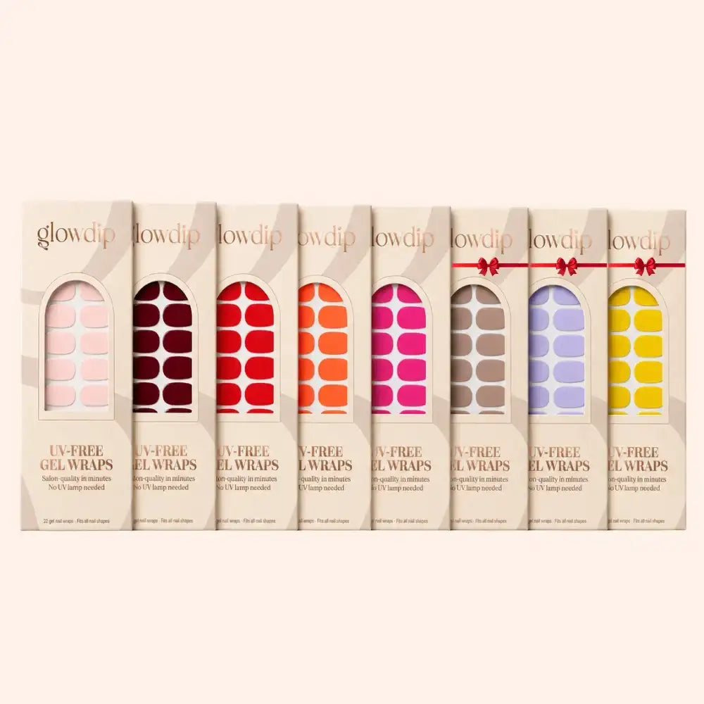 Een set van zeven glowdip uv-vrije gel wraps in pastel en felle kleuren verpakt in beige dozen met raampjes
