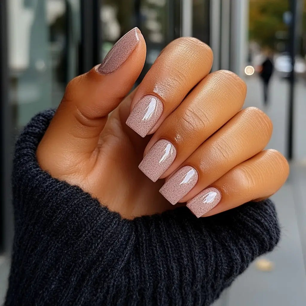 Hand met poeder nagellak in glanzend rose gold glitter met vierkante tips voor een verzorgde look