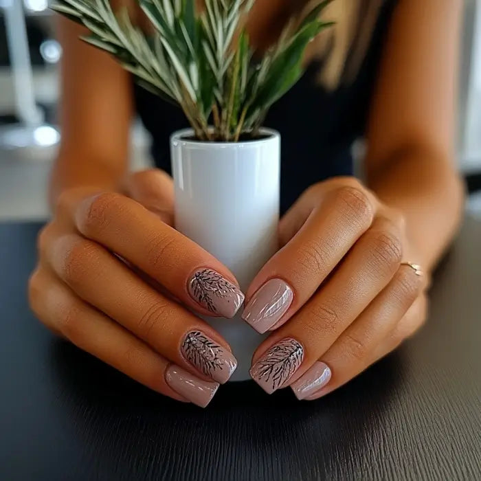 Nails met zachte roze dipping powder en delicate zwarte bladontwerpen waarom steeds meer vrouwen dipping powder kopen