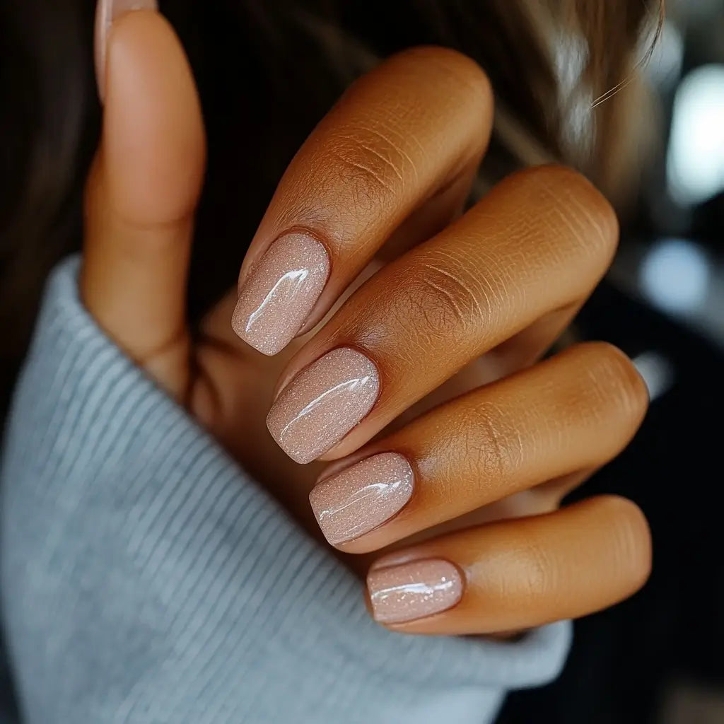 Een hand met netjes verzorgde nagels gelakt met een zachte glanzende nude top coat voor dipping powder nagels.