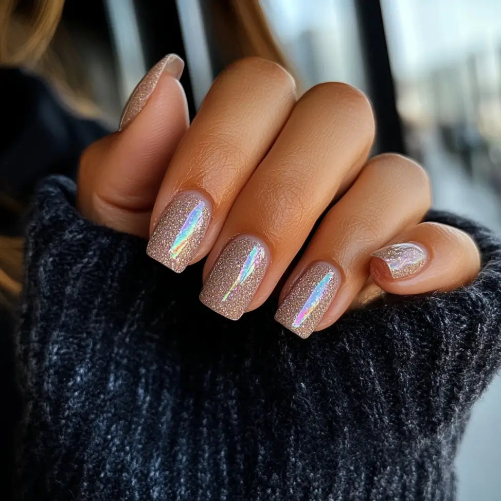 Een hand met lange vierkante nagels gelakt in shimmerende rosegoud holografische dip poeder nagellak