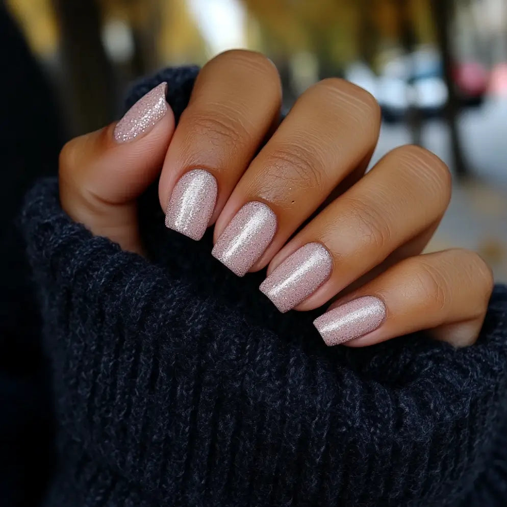 Een hand met netjes verzorgde nagels in glanzende rosegoud glitter dipping powder manicure tegen donkerblauwe gebreide trui