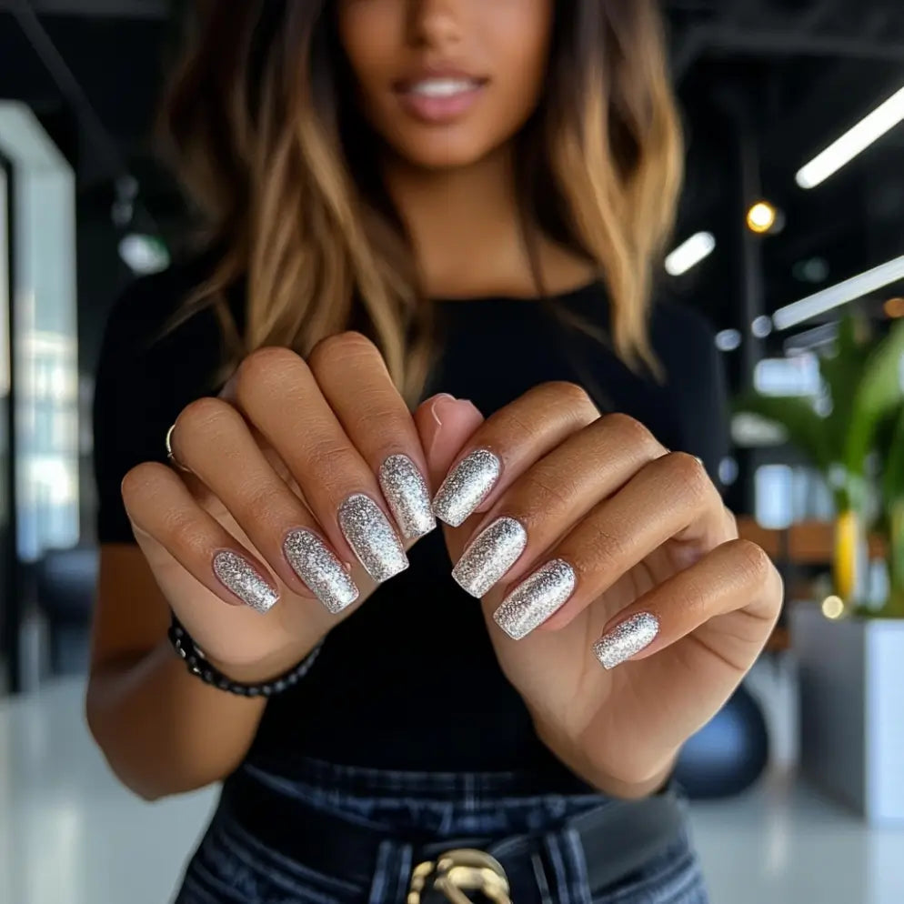 Shimmerende zilveren glitter nagellak met een glanzende afwerking als alternatief voor dipping powder nails