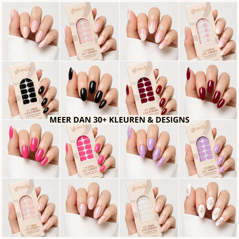 Een set glowclip uv-vrije gel wraps in verschillende kleuren en designs verpakt in beige kartonnen dozen met boogvenster