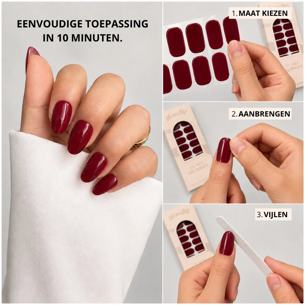 Bordeauxkleurige uv-vrije gel wrap stickers in minimalistische verpakking met duidelijke gebruiksinstructies