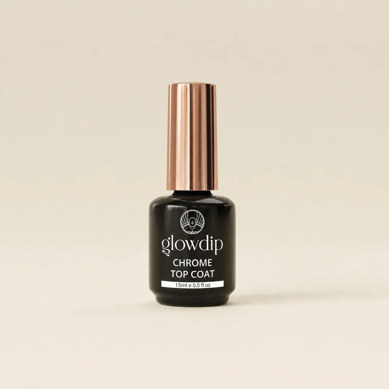 Zwart glazen flesje glowdip chrome top coat met roségouden dop uit chrome powder bundle 5 kleuren